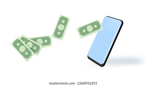 Mobile banking. Money 3D cash, smartphone, wads, flying coins and dollar bills isolated on white.