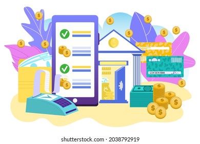 Banca móvil para pago de dinero, ilustración vectorial, transacción financiera por teléfono, tecnología digital, terminal plano con diseño de cheques.