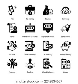 Mobile Banking, Geld sparen, Geld bezahlen, Big Money, Sparen, Währung, Einkommen, Zeit ist Geld, Erfolg, Rückgang, Scheck-Saldo, Capex, Opex, Rücknahme von Geldern, Glyphe-Symbole - solide, Vektorgrafiken