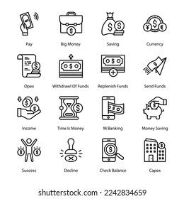 Mobile Banking, Money Saving, Pay, Big Money, Saving, Currency, Income, Time Is Money, Success, Decline, Check Balance, Capex, Opex, Withdrawal Of Funds, Outline Icons - Stroked, Vectors