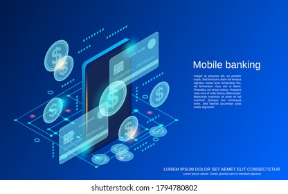 Mobile banking, money transfer, financial transaction flat 3d isometric vector concept illustration
