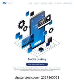 Mobile banking, money transfer, secure financial transaction 3d isometric vector concept illustration