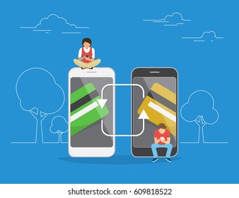 Mobile banking and money transfering concept illustration of people using mobile app for money transfering to each other and online banking. Flat men and women sitting on smartphones with credit cards