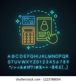 Mobile banking neon light concept icon.  Mobile banking idea. Online financial operations. Internet banking app. Glowing sign with alphabet, numbers and symbols. Vector isolated illustration