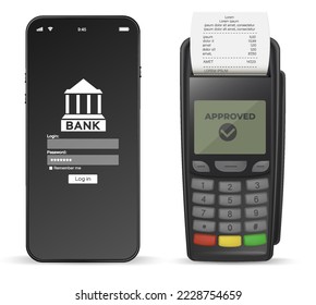 Red bancaria móvil. Smartphone con aplicación de banco en línea de internet. Banco de cerdo con dinero usado en efectivo sobre fondo blanco. Salve la cartera de dinero de la moneda.