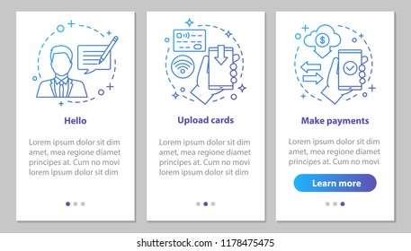 Mobile banking onboarding mobile app page screen with linear concepts. Support chat, credit cards uploading, making payments steps graphic instructions. UX, UI, GUI vector template with illustrations