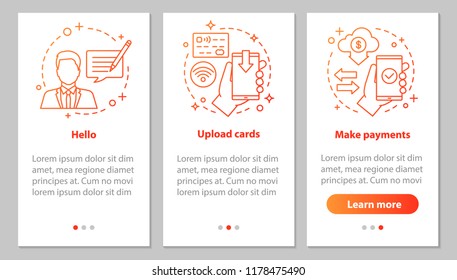Mobile banking onboarding mobile app page screen with linear concepts. Support chat, credit cards uploading, making payments steps graphic instructions. UX, UI, GUI vector template with illustrations