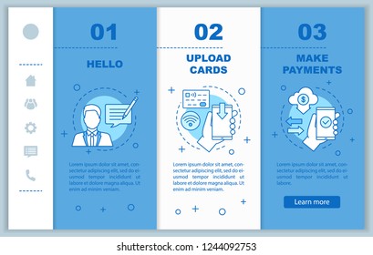 Mobile banking onboarding mobile web pages vector template. Support chat, credit cards uploading, making payments. Responsive smartphone website interface. Webpage walkthrough screens. Color concept