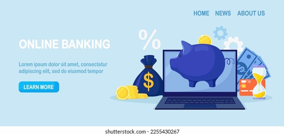 Mobile banking and online bill payment. Piggy bank, credit card, money on laptop screen. E-banking payments. Electronic bank wire transfer, online purchasing and transaction, internet funds transfers
