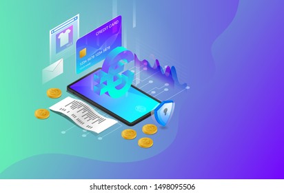 Mobile Banking, Online Banking, E-Banking System, Online Payment System, Use Mobile Banking Application, Modern Technology, Perform Transaction, Vector Illustration, Euro