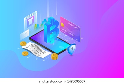 Mobile Banking, Online Banking, E-Banking System, Online Payment System, Use Mobile Banking Application, Modern Technology, Perform Transaction, Vector Illustration,Thai Bath