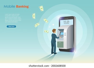 Mobile banking, online internet banking. Businessman withdraw money from ATM on smart phone application. Financial technology, digital network connection concept.