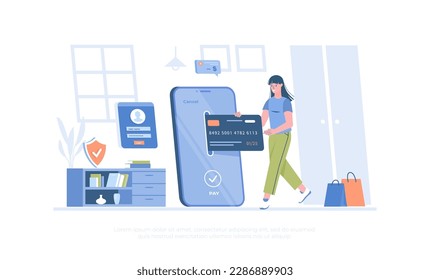 Banca móvil, pago por Internet. Aplicación móvil, servicio para transacciones de dinero. Dibujo moderno vectorial plano para banner, diseño de sitio web, página de inicio.	
