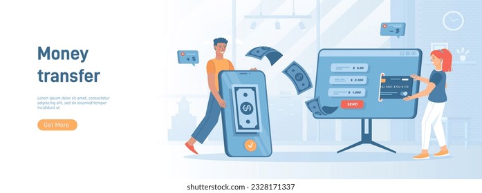 Mobile Banking, Online-Zahlung. Mobile Anwendung, Service für Geldtransaktionen. Flachkonzept ideal für Werbematerial in sozialen Medien. Website-Banner auf weißem Hintergrund.