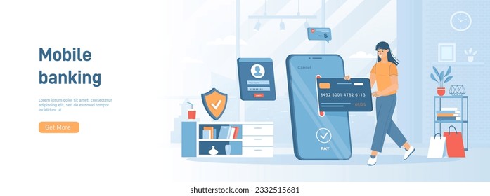 Mobile banking, online internet payment. Mobile application, service for money transactions. Flat concept great for social media promotional material. Website banner on white background.