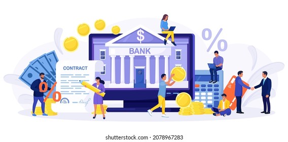 Mobile banking, online payment, accounting.People using smartphone, computer for internet mobile payments, transfers and deposits. Digital bank service, financial investment. Loan contract with sign