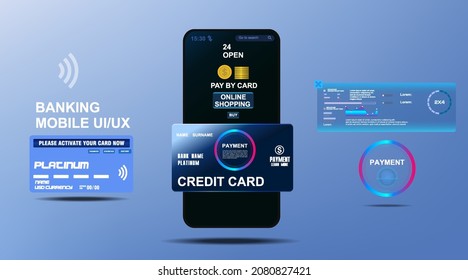 Mobile banking. Online payment for application via phone. Plastic card connected to a smartphone. Electronic system of money transfers and payments through a mobile application