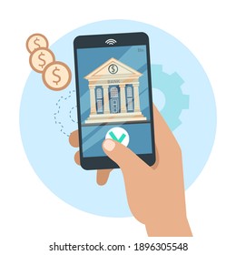 Mobile banking and online payment concept. Hand holding smartphone screen with bank, money, gears on blue background. Vector flat illustration. Online banking, finance and technology.