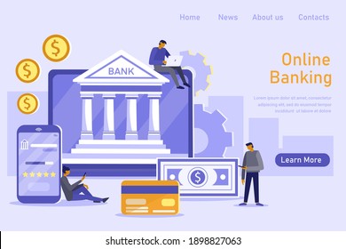 Mobile banking and online payment concept. People using laptop and mobile smartphone for online banking and accounting. Vector flat illustration. Template for landing page