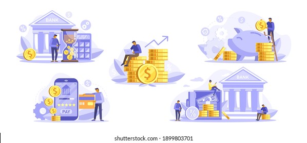 Mobile banking and online payment concept. Collection of finance icon isolated on white.  People using laptop and mobile smartphone for online banking and accounting. Vector flat iliustration