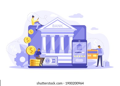 Mobile banking and online payment concept. People using laptop and mobile smartphone for online banking and accounting. Vector flat iliustration. Template for landing page - Shutterstock ID 1900200964