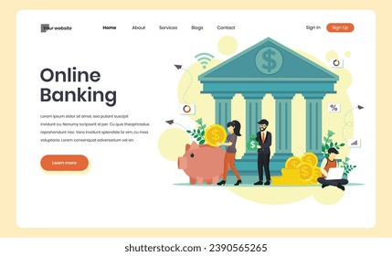 Mobile banking and online payment concept. People using laptop and mobile smartphone for online banking and accounting. Vector flat iliustration. Template for landing page