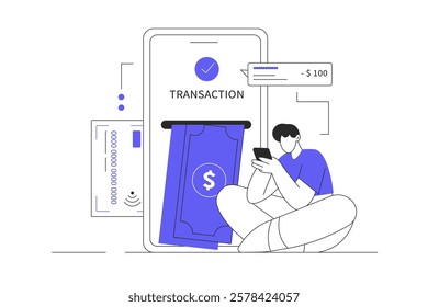 Mobile banking, online payment concept, money transfers. Make online transaction using money transfer in app. Flat Cartoon Vector Illustration, icon. Stylish abstract