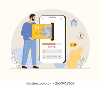 Banca móvil, concepto de pago en línea. El hombre con tarjeta de crédito realiza transacciones en línea, utilizando transferencia de dinero en App y pagando facturas. Ilustración vectorial plana.	
