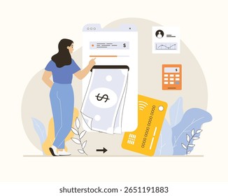 Banco móvel, conceito de pagamento online, transferências de dinheiro. Mulher fazer transação online usando transferência de dinheiro no aplicativo. Ilustração de vetor plano.	
