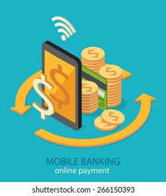 Mobile banking and online payment concept. Flat isometric design. Vector illustration