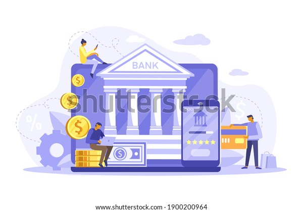 Mobile banking\
and online payment concept. People using laptop and mobile\
smartphone for online banking and accounting. Vector flat\
iliustration. Template for landing\
page
