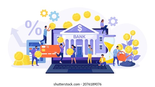 Mobile banking and online payment. People using laptop and smartphone for accounting and investment, financial audit. Bank building exterior on computer screen. Businessman watering money plants