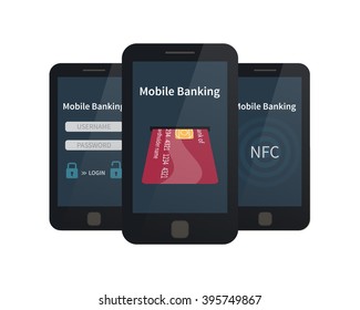 Mobile banking, online payments. Flat vector illustration