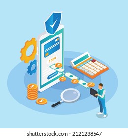 Mobile banking - Online transfer 3D isometric vector concept for banner, website, illustration, landing page, flyer, etc