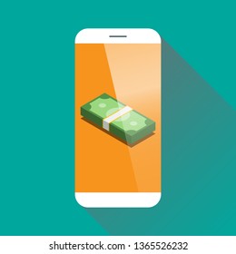 Mobile banking and online wallet vector illustration with flat design mobile screen and isometric cash symbol.