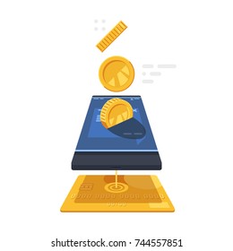 Mobile banking operation concept, gold coins fall on phone, transfer of money to the card from the phone 3d flat vector illustration
