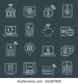 Mobile banking outline icons set with dollar euro exchange electronic account isolated vector illustration