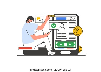 Mobile banking outline web concept with character scene. Man manages personal financial account in app. People situation in flat line design. Vector illustration for social media marketing material.