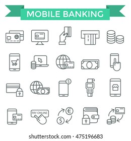 Mobile banking and pay on line icons, thin line, flat design