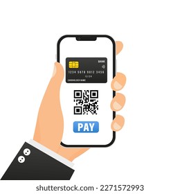 Mobile banking and payment by credit card using smartphone. QR code for pay. scanner app. Digital money. Online shopping concept. Vector illustration