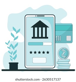 Mobile Banking und Mobile Payment, Digital Banking, Internet Geld, Sparen und Finanzen. Einfache finanzielle Bedienung im Internet. Vektorgrafik des Konzepts der Banking-App. Bankkonto mit Geldeinlage
