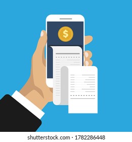 Mobile banking and payment. Hand holds smartphone with receipt and coins in trendy isometric style. Vector illustration isolated on color background.