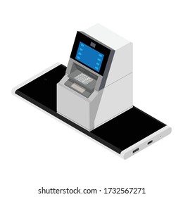 Banca móvil y pago en concepto de teléfono inteligente. Teléfono inteligente ATM aislado en fondo blanco