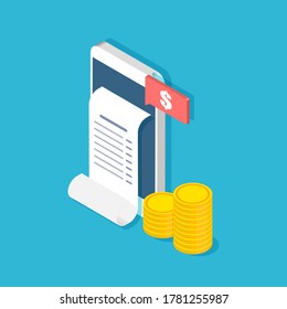Banca móvil y pago. Smartphone con recibos y monedas de estilo isométrico moderno. Ilustración vectorial aislada en el fondo de color.