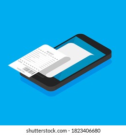 Banca móvil y pago. Smartphone con recibos y monedas de estilo isométrico moderno. Ilustración del vector aislada en fondo azul
