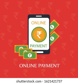 Mobile banking and mobile payments concept. Vector illustration. Flat design with red background