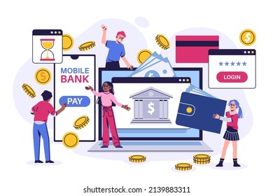 Personas de banca móvil. Aplicación de billetera electrónica, pagos en línea desde cuenta personal, compras virtuales, hombres y mujeres con dinero y monedas de oro, concepto aislado de dibujos animados vectoriales