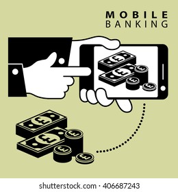 Mobile banking. Phone device and pond cash. Vector illustration