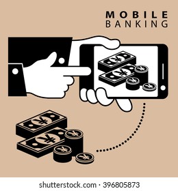 Mobile banking. Phone device and yen cash. Vector illustration