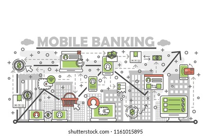 Mobile banking poster banner template. Online shopping, e-commerce, mobile payment symbols. Vector thin line art flat style design elements, icons for website banners and printed materials.